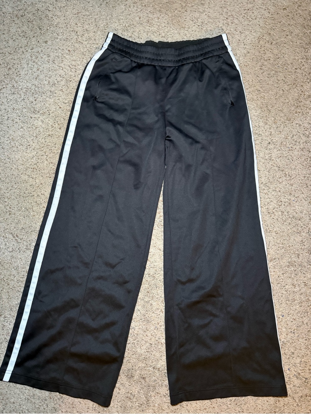 Athleta Black Wide-Leg Track Pants with White Side Stripe